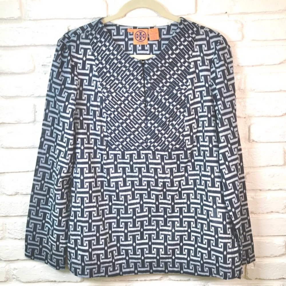 TORY BURCH Navy Geometric Lightweight Cotton Tunic w/ Pleated Bodice Sz 8